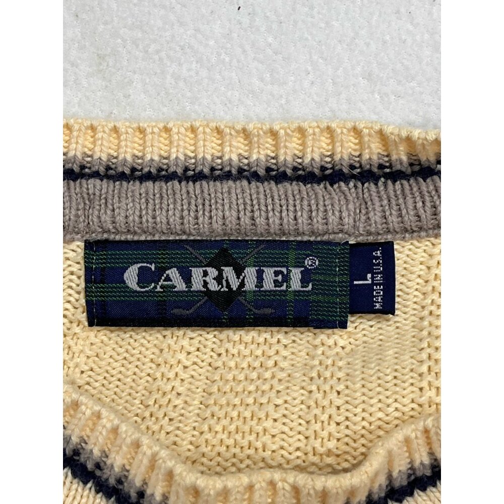Vtg Carmel Cotton Knit Sweater Cream Yellow Blue Trim Golfer Made in USA L Golf - Picture 6 of 11